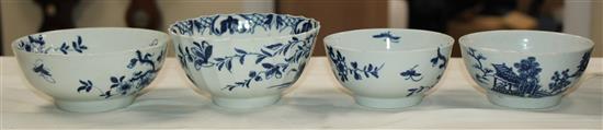 Four Worcester blue and white small bowls, c.1756-80, diam. 4in. - 4.75in.